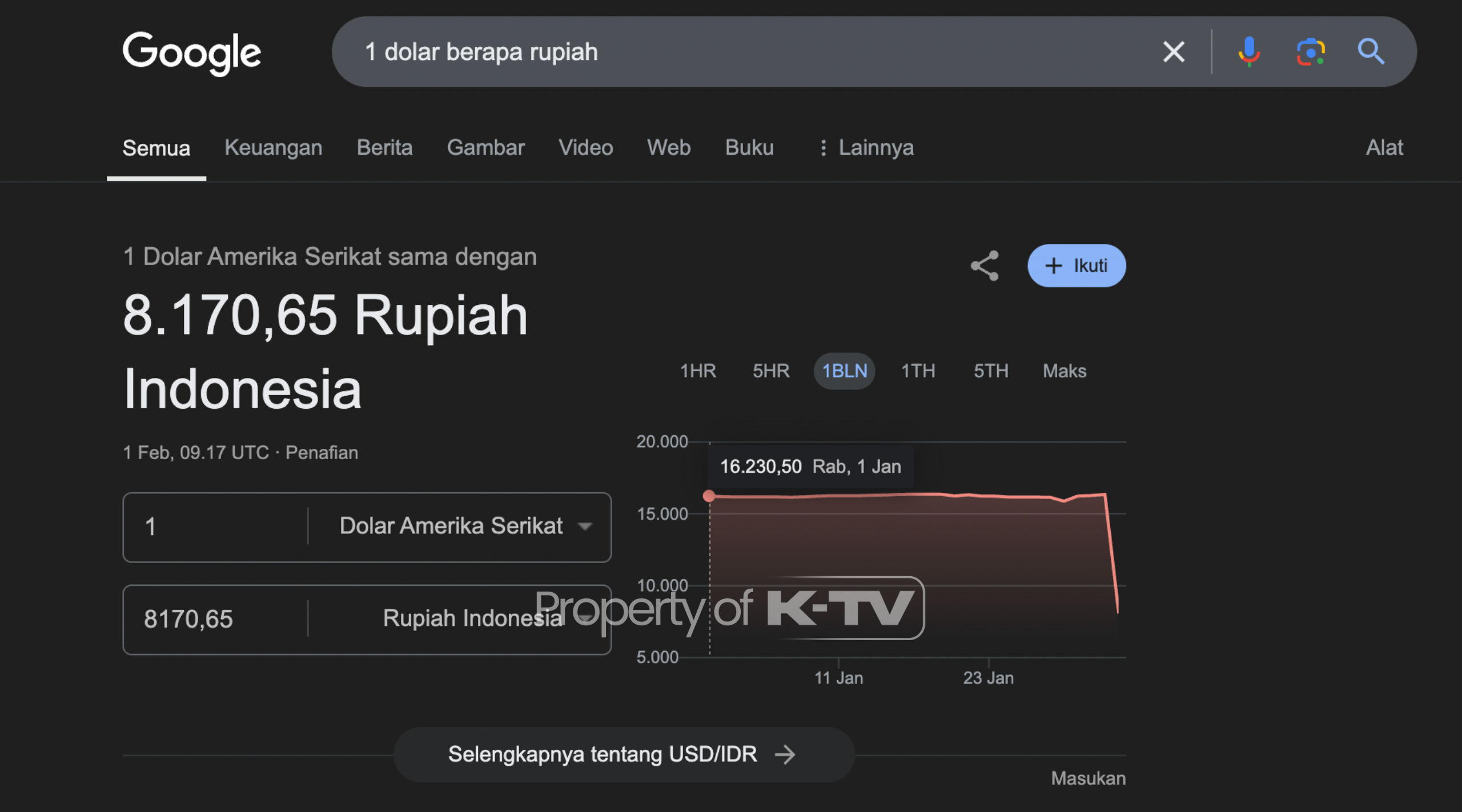 DIDUGA ERROR: Google menunjukkan nilai tukar dollar turun drastis. (KTV/Ist_Rekam Layar)