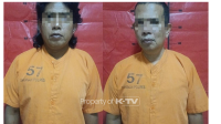 SEDANG APES: SB dan JF saat diamankan polisi dalam OTT kasus dugaan pemerasan terhadap kepala desa di Kabupaten Sumenep.(K-TV/Taufiq Hidayat)